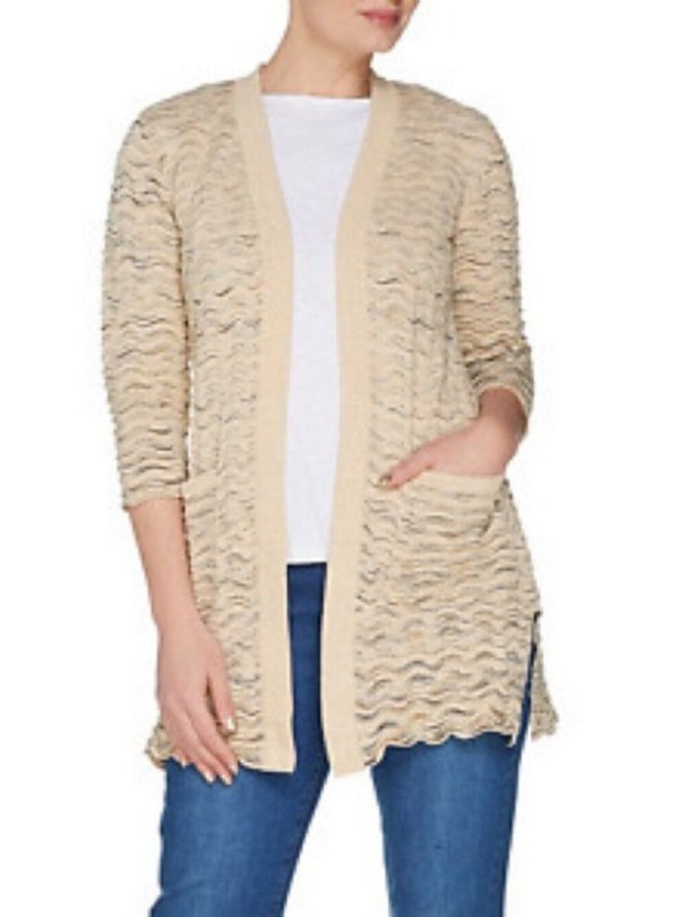 Isaac Mizrahi Open Front Scallop Stitch Cardigan